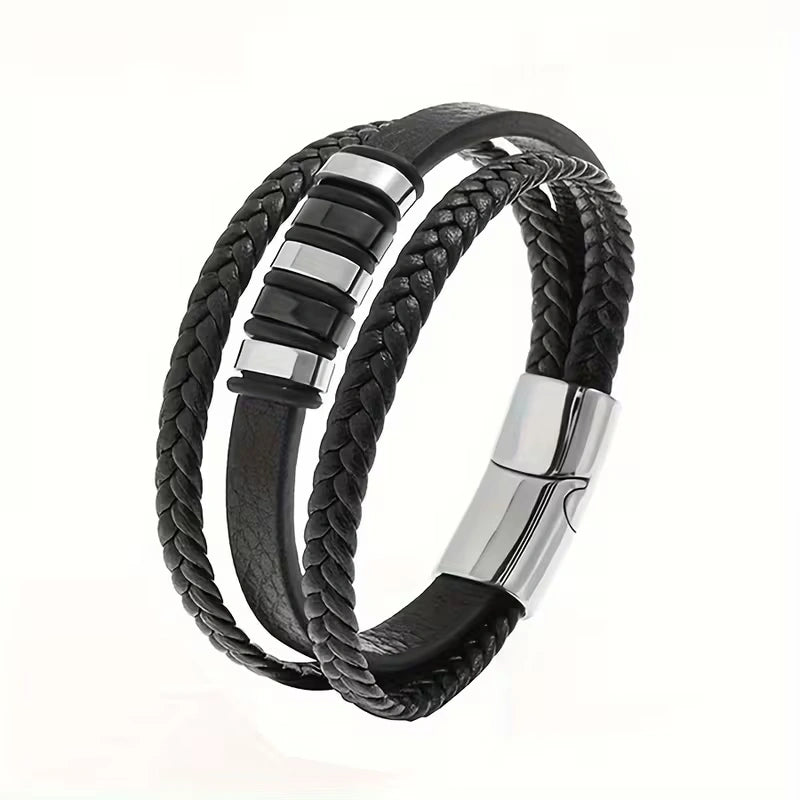 Layered Leather Bracelet with Braided Vintage Style
