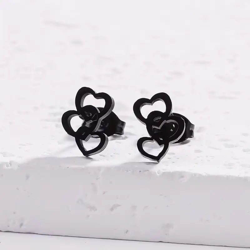Triple Heart Stainless Steel Stud Earrings – Cute Minimalist Love Jewelry for Everyday Romantic Style