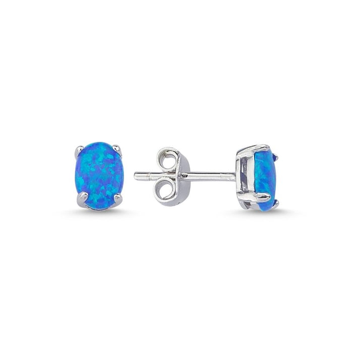 Elegant 925 Sterling Silver Blue Oval Opal Stud Earrings for Women - Classic 7x5mm Gemstone Minimalist Jewelry