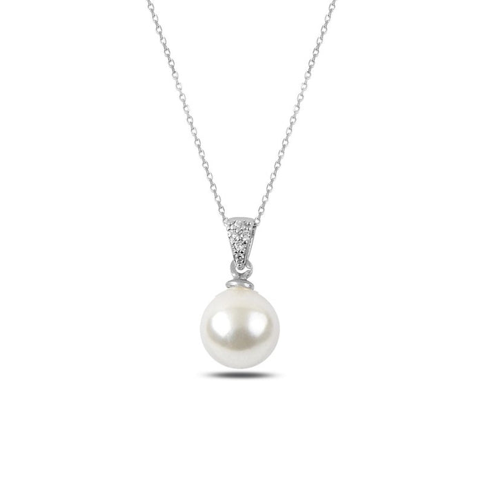 925 Sterling Silver Pearl & CZ Pendant Necklace – Elegant Classic Jewelry with Sparkling Accents for Women’s Style