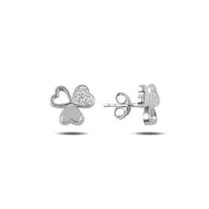 Pave CZ 3-Leaf Clover Sterling Silver Stud Earrings