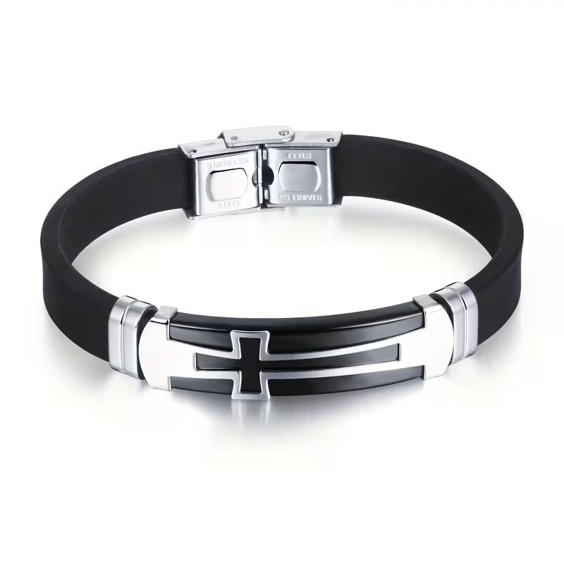 Cross Silicone Bracelet with Modern Stainless Steel Style