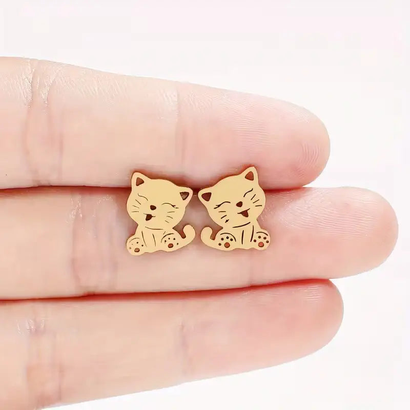 Cute Cat Stud Earrings – Stainless Steel Kitty Earrings for Women, Minimalist Animal Jewelry Gift