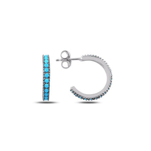 Sterling Silver 15mm Hoop Earrings with Turquoise Stones, Elegant Blue Accent Everyday Jewelry