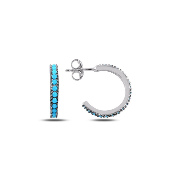 Sterling Silver 15mm Hoop Earrings with Turquoise Stones, Elegant Blue Accent Everyday Jewelry