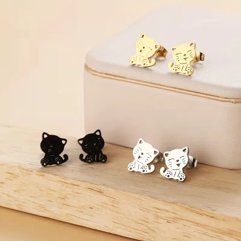 Cute Cat Stud Earrings – Stainless Steel Kitty Earrings for Women, Minimalist Animal Jewelry Gift