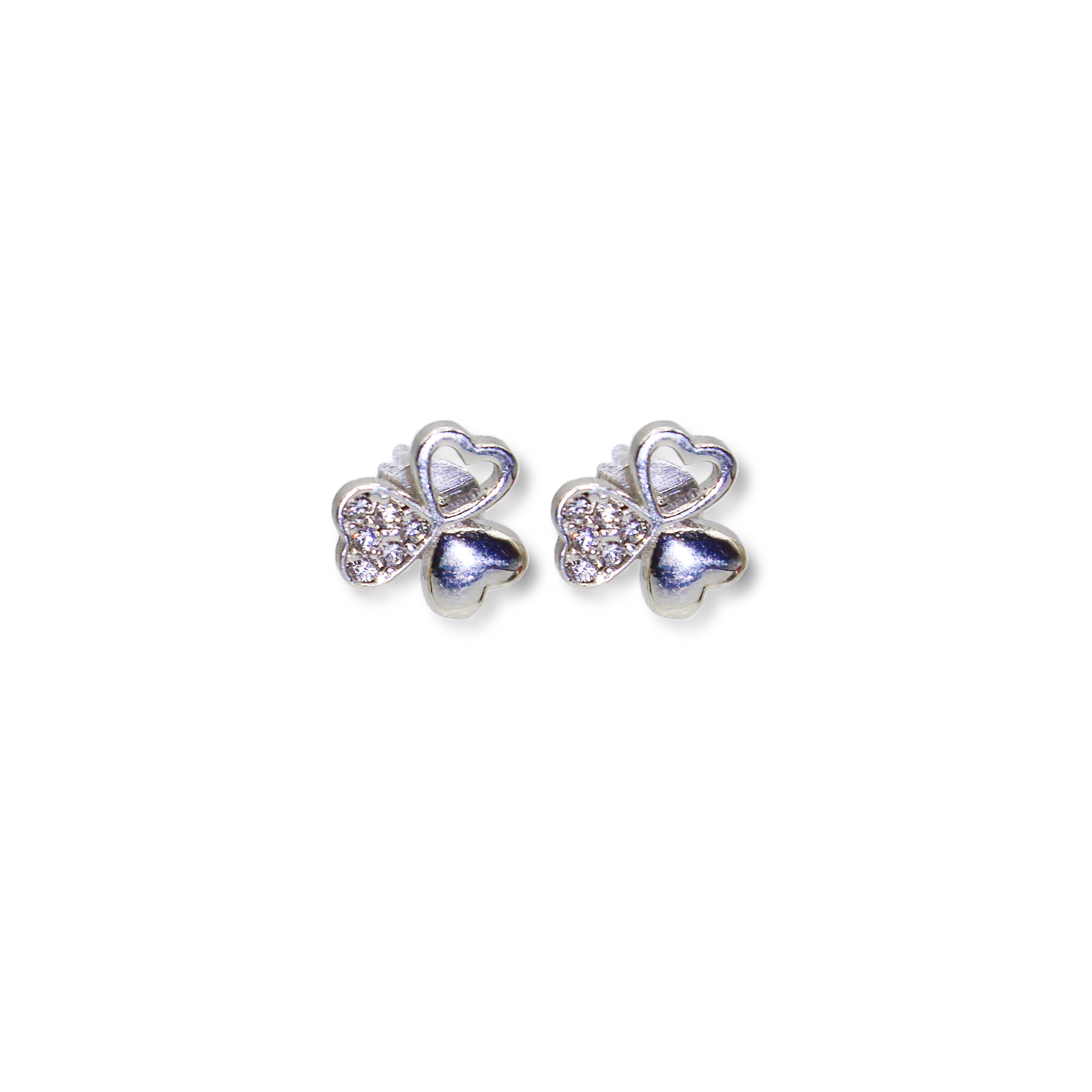 Pave CZ 3-Leaf Clover Sterling Silver Stud Earrings