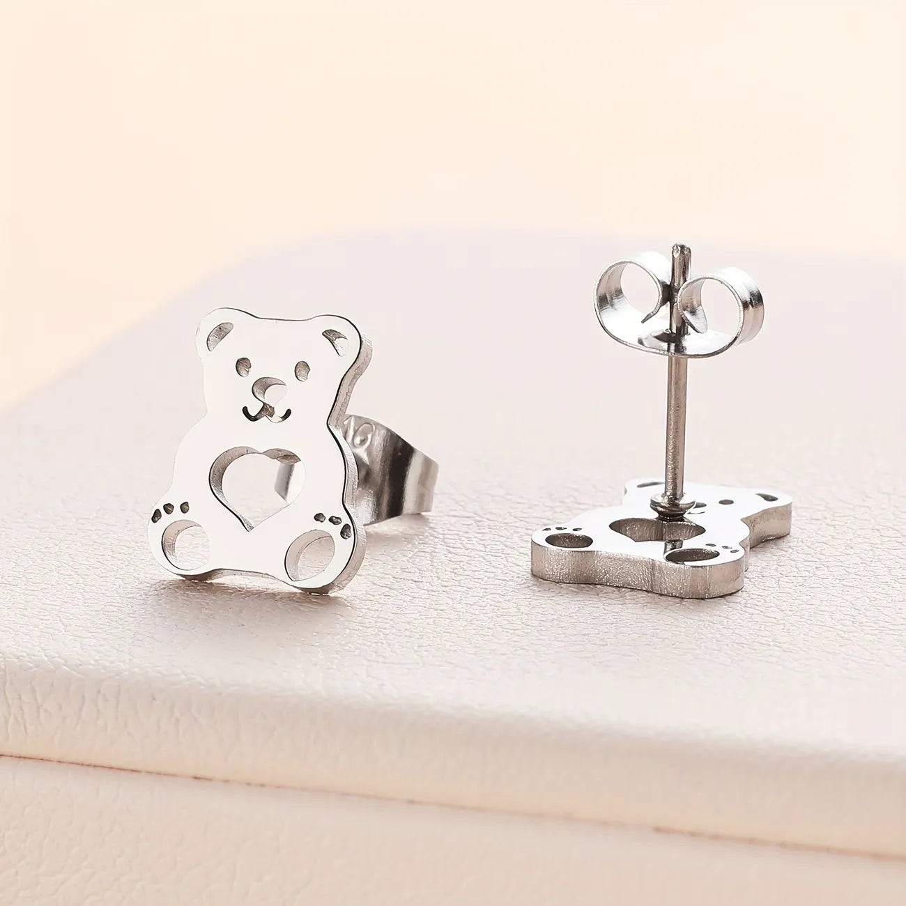 Cute Bear Heart Stud Earrings for Women 316 Stainless Steel Animal Earrings Minimalist Daily Jewelry