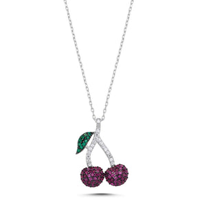 Pink And Green CZ Cherry Sterling Silver Necklace