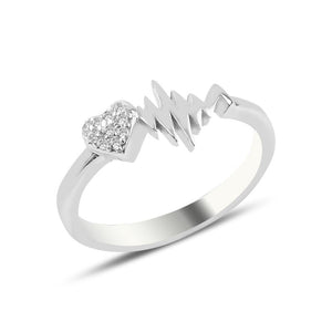 Pave CZ Heart & Heartbeat Sterling Silver Ring