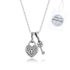Swarovski Zirconia Heart Lock And Key Sterling Silver Necklace