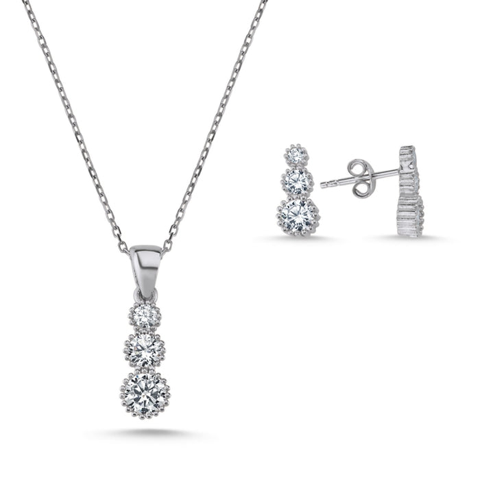 Sterling Silver Trickle CZ Jewelry Set – Cascading Cubic Zirconia Necklace & Stud Earrings for a Sleek, Modern Look