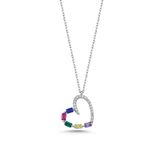 925 Sterling Silver Open Heart Pendant Necklace with Rainbow Baguette CZ Stones and Sparkling Clear Cubic Zirconia