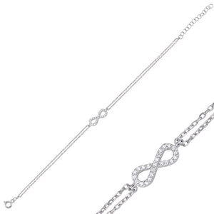925 Sterling Silver Infinity Bracelet with CZ Accents – Elegant Double Chain Symbol of Eternal Love & Connection