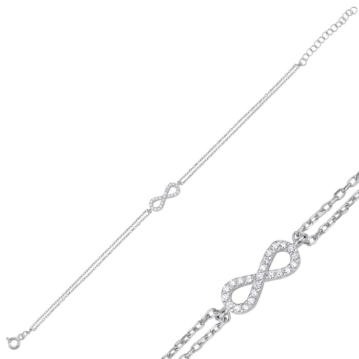 925 Sterling Silver Infinity Bracelet with CZ Accents – Elegant Double Chain Symbol of Eternal Love & Connection