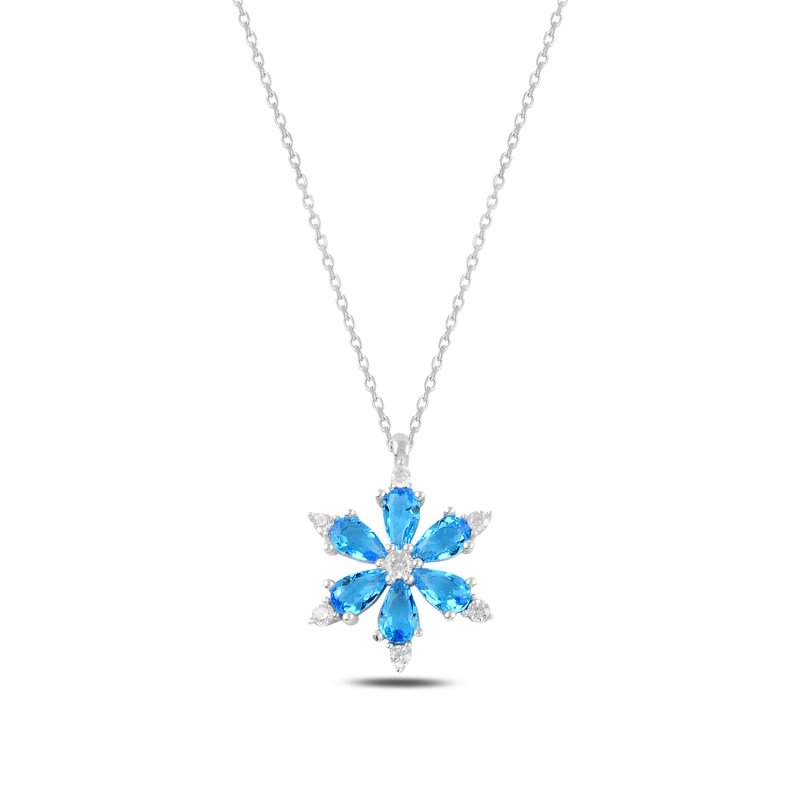 Aquamarine CZ Lotus Flower Sterling Silver Necklace