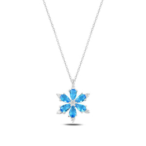 Aquamarine CZ Lotus Flower Sterling Silver Necklace