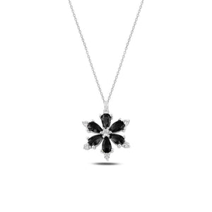 Black CZ Lotus Flower Sterling Silver Necklace