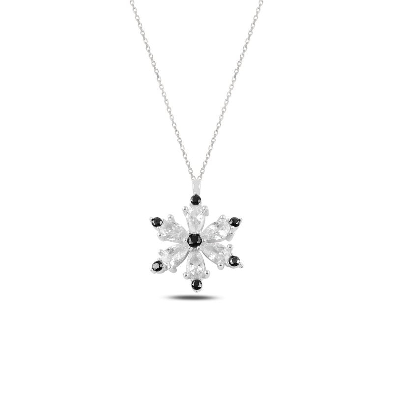 Black And Diamond CZ Lotus Flower Sterling Silver Necklace