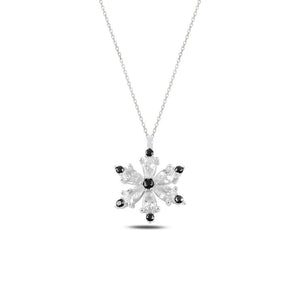 Black And Diamond CZ Lotus Flower Sterling Silver Necklace