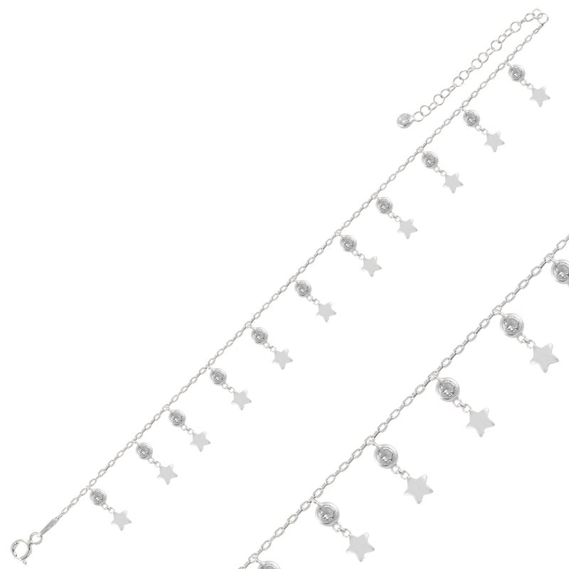 Dangle Star And CZ Sterling Silver Anklet
