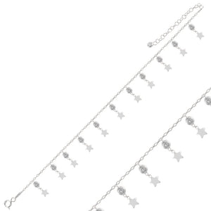 Dangle Star And CZ Sterling Silver Anklet
