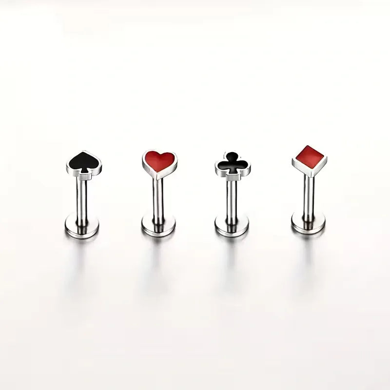 Poker Card Cartilage Stud Earrings Set – Stainless Steel Spade Club Heart Diamond Piercing Jewelry