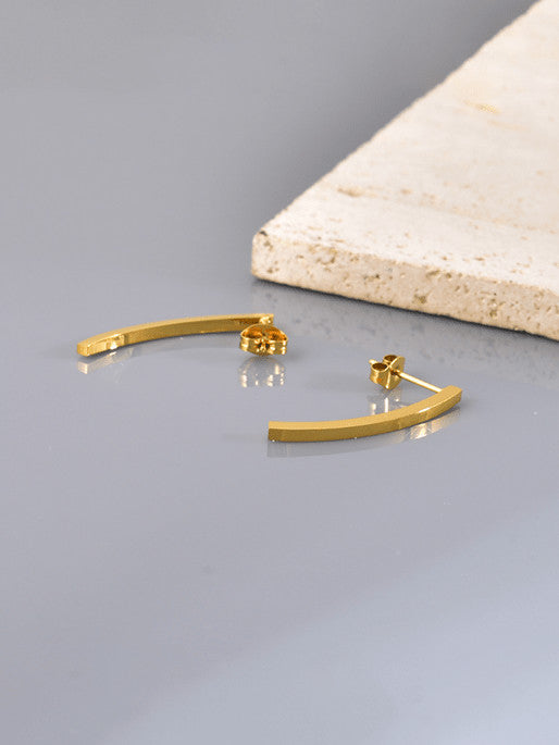 Minimalist Gold Tone Curved Bar Drop Earrings – Titanium Steel Studs, Lightweight Modern Statement Jewelry