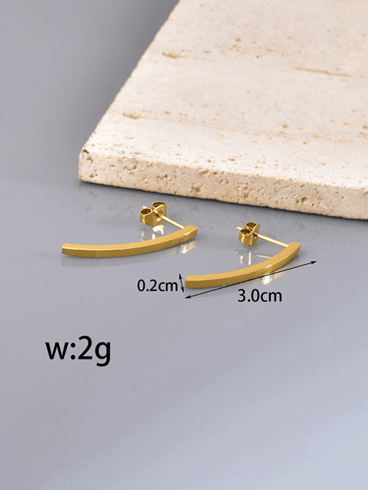 Minimalist Gold Tone Curved Bar Drop Earrings – Titanium Steel Studs, Lightweight Modern Statement Jewelry