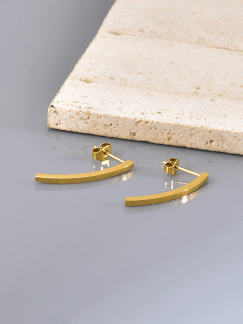 Minimalist Gold Tone Curved Bar Drop Earrings – Titanium Steel Studs, Lightweight Modern Statement Jewelry