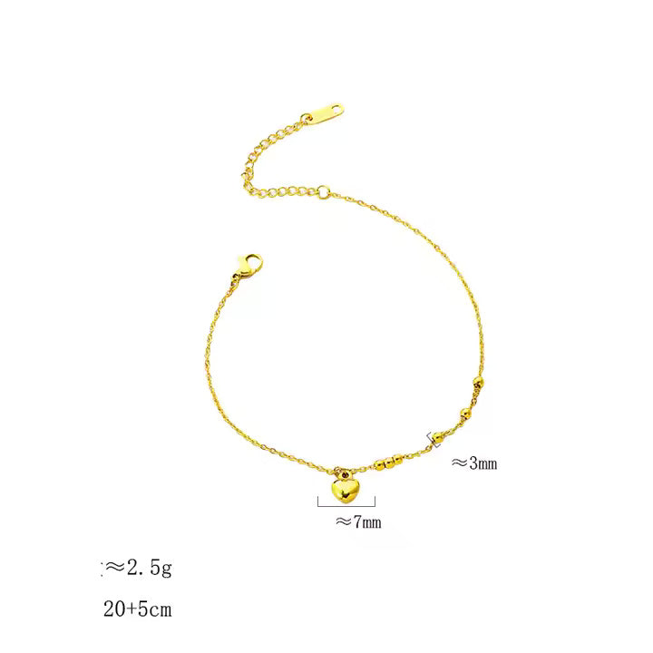 Gold Plated Stainless Steel Tiny Heart Beaded Anklet – Delicate Summer Charm Chain for Casual & Beach Style