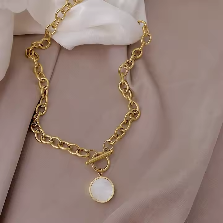 18K Gold Plated Stainless Steel Round Mother of Pearl Pendant Necklace with OT Clasp & Thick Hip Hop Chain