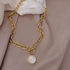 18K Gold Plated Stainless Steel Round Mother of Pearl Pendant Necklace with OT Clasp & Thick Hip Hop Chain