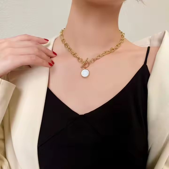 18K Gold Plated Stainless Steel Round Mother of Pearl Pendant Necklace with OT Clasp & Thick Hip Hop Chain