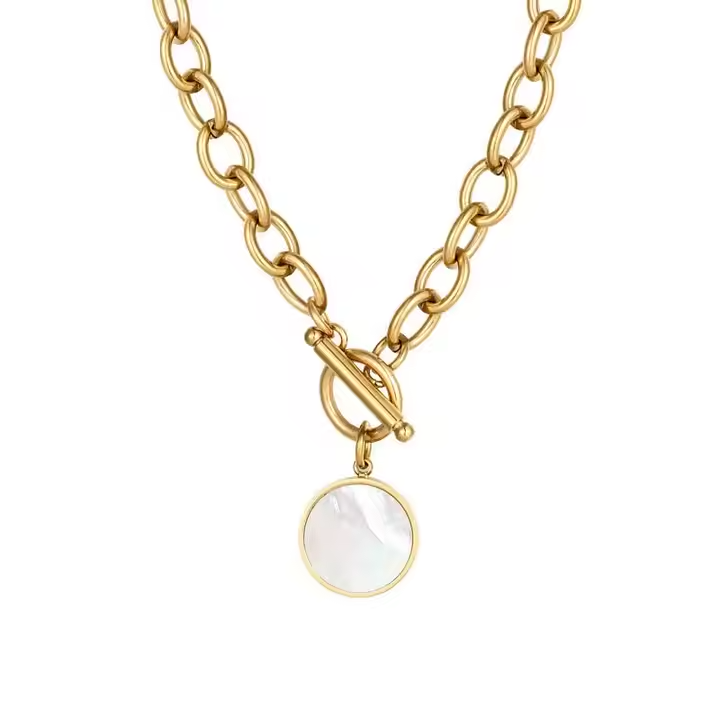 18K Gold Plated Stainless Steel Round Mother of Pearl Pendant Necklace with OT Clasp & Thick Hip Hop Chain