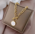 18K Gold Plated Stainless Steel Round Mother of Pearl Pendant Necklace with OT Clasp & Thick Hip Hop Chain