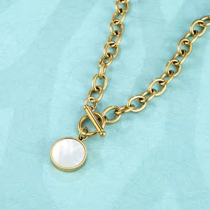 18K Gold Plated Stainless Steel Round Mother of Pearl Pendant Necklace with OT Clasp & Thick Hip Hop Chain