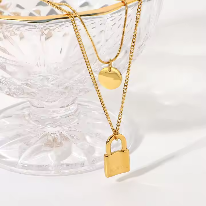 Minimalist Double Layer Stainless Steel Snake Chain Necklace with Lock Pendant – Trendy Multi Strand Necklace