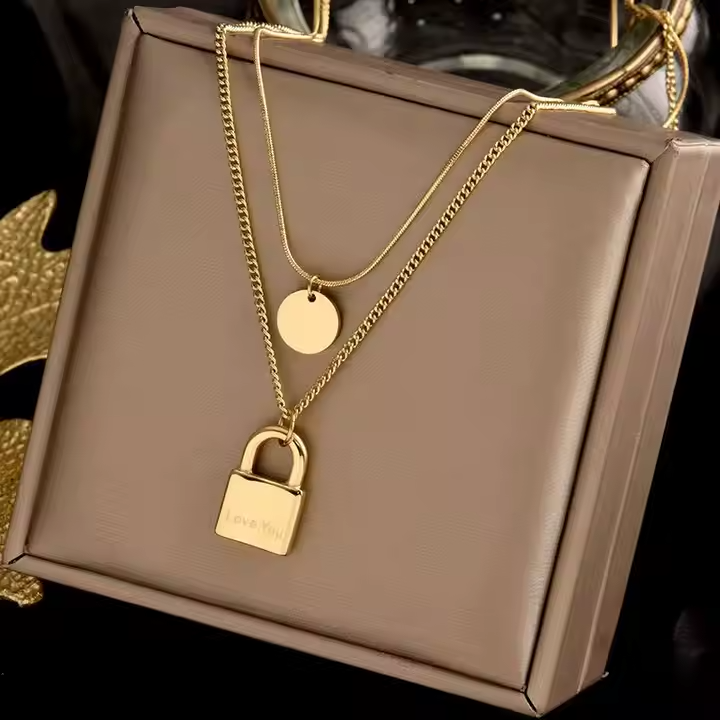 Minimalist Double Layer Stainless Steel Snake Chain Necklace with Lock Pendant – Trendy Multi Strand Necklace