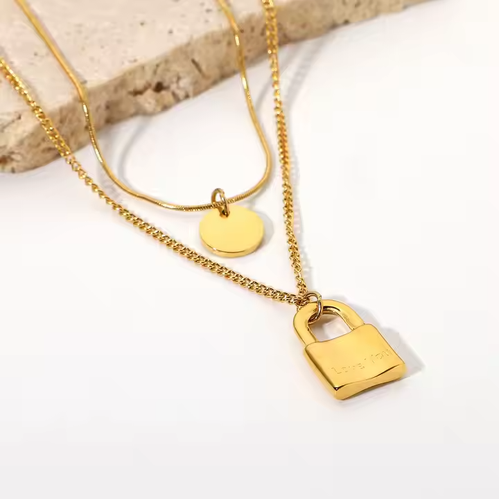 Minimalist Double Layer Stainless Steel Snake Chain Necklace with Lock Pendant – Trendy Multi Strand Necklace