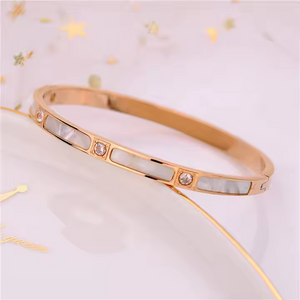 Rose Gold Titanium Bangle Bracelet for Women with Mother of Pearl and CZ Inlay – Elegant Minimalist Jewelry