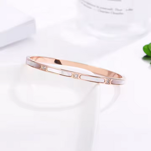 Rose Gold Titanium Bangle Bracelet for Women with Mother of Pearl and CZ Inlay – Elegant Minimalist Jewelry