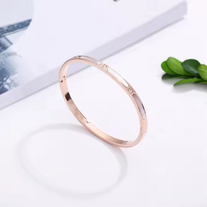 Rose Gold Titanium Bangle Bracelet for Women with Mother of Pearl and CZ Inlay – Elegant Minimalist Jewelry