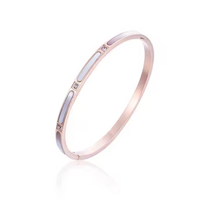 Rose Gold Titanium Bangle Bracelet for Women with Mother of Pearl and CZ Inlay – Elegant Minimalist Jewelry