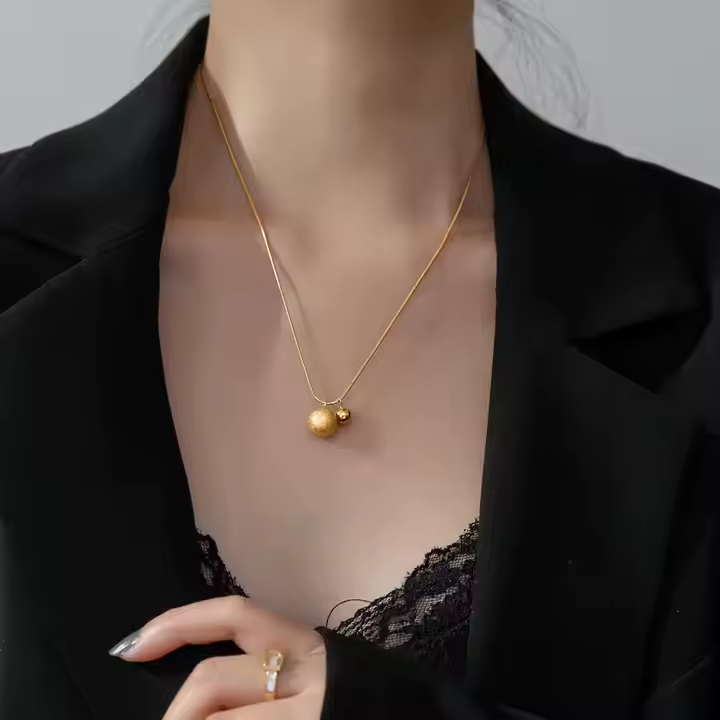 18K Gold Plated Stainless Steel Minimalist Ball Bead Pendant Necklace with Snake Chain – Dainty & Elegant Jewelry