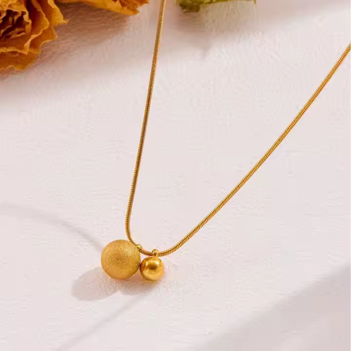 18K Gold Plated Stainless Steel Minimalist Ball Bead Pendant Necklace with Snake Chain – Dainty & Elegant Jewelry