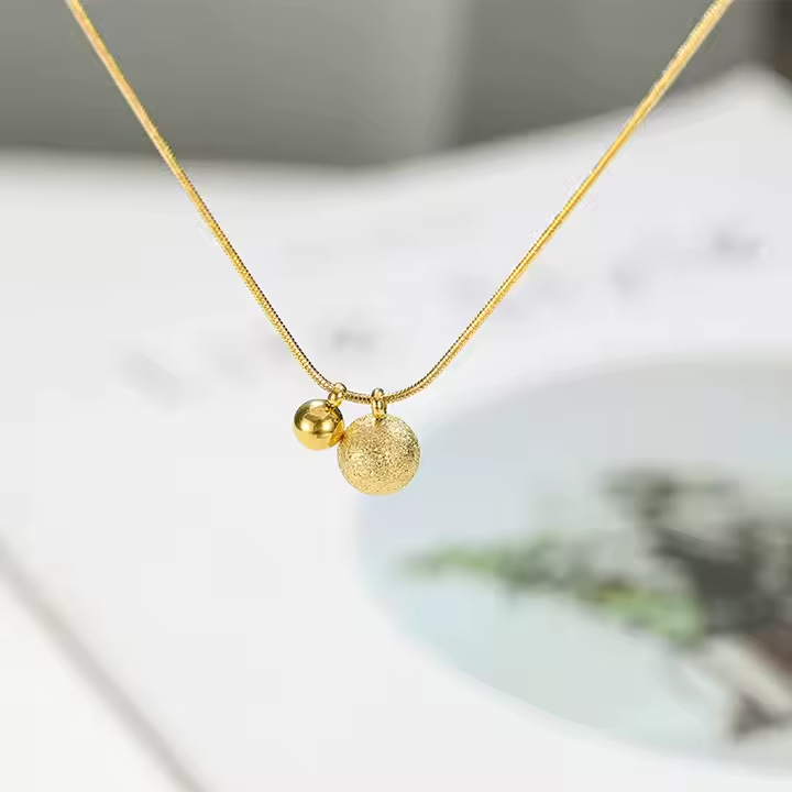 18K Gold Plated Stainless Steel Minimalist Ball Bead Pendant Necklace with Snake Chain – Dainty & Elegant Jewelry