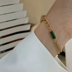 Gold Plated Stainless Steel Chunky Chain Bracelet with Emerald Green CZ – Multi Layered Bold Statement Jewelry
