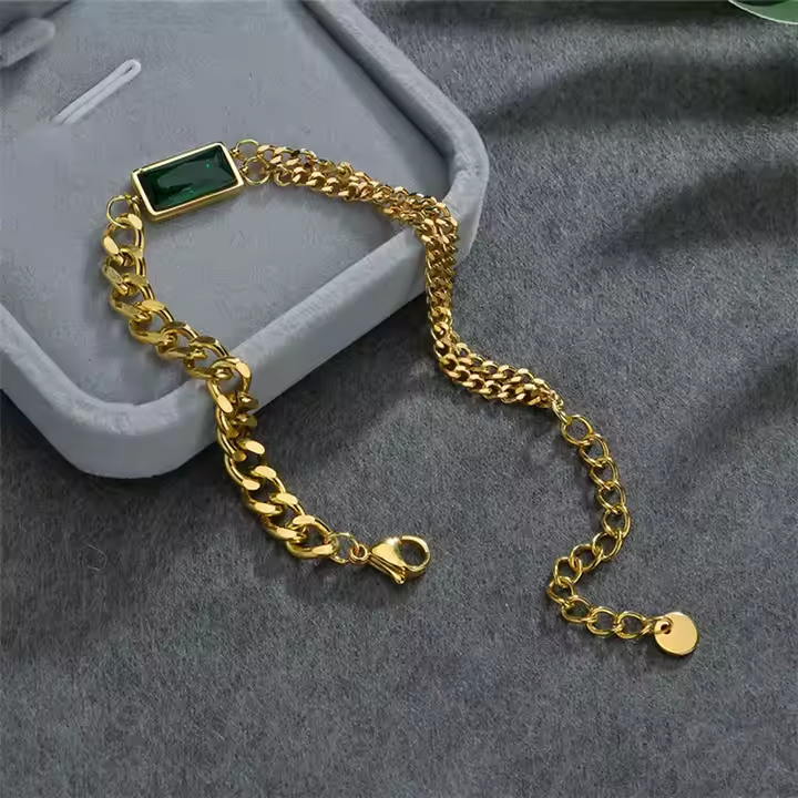Gold Plated Stainless Steel Chunky Chain Bracelet with Emerald Green CZ – Multi Layered Bold Statement Jewelry