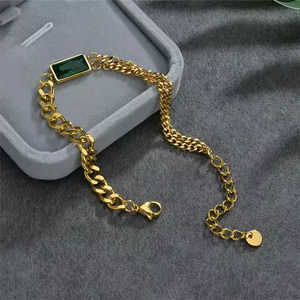 Gold Plated Stainless Steel Chunky Chain Bracelet with Emerald Green CZ – Multi Layered Bold Statement Jewelry